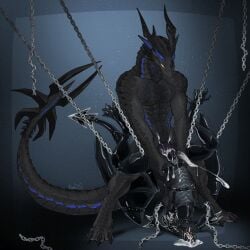 after_sex anal animal_genitalia anthro anus bodily_fluids bondage bondage bound chains claws cum cum_from_mouth cum_in_ass cum_in_mouth cum_inside cum_on_face cumshot digitigrade dominant dominant_male dragon dripping ejaculation erection excessive_cum excessive_genital_fluids feet genital_fluids genital_slit genitals knot knotted_penis latex male male/male mythological_creature mythological_scalie mythology nitrods penis rough_sex scalie sex simple_background teeth zarizav zathir