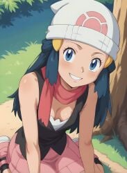 ai_generated cleavage dawn_(pokemon) down_blouse downblouse female from_above futality kneeling looking_at_viewer pokemon skirt sleeveless small_breasts smile solo visible_areolae visible_breasts