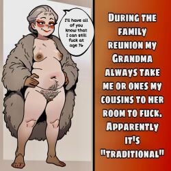 ai_assisted ai_generated brown_nipples caption chubby eyeshadow fupa fur_coat gloves grandmother granny grey_hair grey_pubic_hair lipstick old older_female pubic_hair sagging_breasts sarina64 text text_bubble white_hair