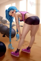 1girls 2d ai_generated areolae ass big_ass bike_shorts blue_hair braid breasts erophoenix female female_focus full_body gym jinx_(league_of_legends) league_of_legends long_hair looking_at_viewer looking_back nipples nude pale_skinned_female patreon_username shoes small_breasts socks solo solo_female sweat thick thick_thighs twin_braids uncensored