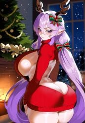 ai_generated ass ass_cleavage ass_cutout ass_focus bare_back big_ass big_breasts big_butt big_thighs christmas christmas_clothing christmas_headwear christmas_lights christmas_outfit christmas_tree dijiai fat_ass focus from_front_position front_view granblue_fantasy hourglass_figure looking_at_viewer looking_back massive_ass nsfw round_ass round_butt satyr_(granblue_fantasy) sideboob thick thick_ass thick_butt thick_legs thick_thighs thighs virgin_killer_sweater wide_hips