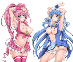 2girls aoki_reika areolae arm_up armpits arms_up blue_eyes blue_hair blush bow breasts breasts_out choker clothing collarbone cure_beauty cure_melody cyclone earrings embarrassed female frills hair_tubes hands head_wings heart houjou_hibiki jewelry large_breasts long_hair looking_at_viewer magical_girl medium_breasts mound_of_venus multiple_girls navel nipples open_clothes open_mouth panties panty_pull pink_hair pink_legwear pose precure pretty_cure simple_background skindentation skirt smile_precure standing stockings suite_precure sweat tears thigh_gap thighhighs thighs tiara tied_hair twintails underwear very_long_hair white_background white_panties wrist_cuffs