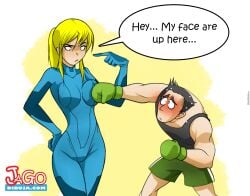 big_breasts black_hair blonde_hair boob_punch boxing_gloves breasts english_text fully_clothed funny grammatical_error gym_shorts humor jago_dibuja little_mac metroid nintendo ponytail punch_out punching_breasts samus_aran shorter_male size_difference skintight_bodysuit taller_female tank_top