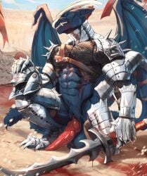 abs absurd_res armor balls dragon erection genitals hi_res knot ksfrost male melee_weapon membrane_(anatomy) membranous_wings mythological_creature mythological_scalie mythology navel scalie solo sword teeth weapon wings