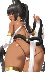 :d ancient_egyptian ancient_egyptian_clothes animal_ears anus ass black_hair bridal_gauntlets cat_ears cat_girl cat_tail commentary_request dark-skinned_female dark_skin female headpiece highres long_hair looking_at_viewer looking_back mathew_(srmmk_mce) oerba_yun_fang open_mouth original pelvic_curtain simple_background skin_fang smile solo tail twintails very_long_hair white_background