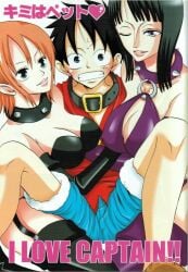 1boy 2girls 2girls1boy big_breasts color different_angle dominant_female doujinshi female male mature_female monkey_d_luffy nico_robin one_piece urazawa_kaoru younger_male