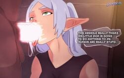 1boy absurdres artist_name atorx18 black_hair close-up dark-skinned_male dark_skin deep_skin elf english_text fellatio female frieren green_eyes grey_hair highres indoors interracial long_hair oral pointy_ears rolling_eyes saliva size_queen sousou_no_frieren straight tagme twintails upper_body video