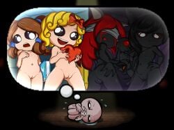 4girls bethany_(the_binding_of_isaac) black_body dark-skinned_female dark_skin demon demon_girl eve_(the_binding_of_isaac) female female_focus isaac_(the_binding_of_isaac) lilith_(the_binding_of_isaac) magdalene_(the_binding_of_isaac) multiple_girls the_binding_of_isaac