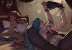 2d 2d_(artwork) 2girls arcane arcane_jinx arcane_vi ass ass_pillow bed blue_eyes blue_hair clothed female female_only incest jinx_(league_of_legends) league_of_legends long_hair lssdog lying_on_ass lying_on_back lying_on_bed lying_on_stomach no_sex piercing pink_hair reading short_hair siblings sisters tatoo tattoos very_long_hair vi wholesome yuri