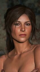 bare_shoulders blush brown_eyes brown_hair ingame_model lara_croft lara_croft_(survivor) long_hair looking_at_viewer mod naked nude portrait sensual synnfusion tanned_skin tied_hair tomb_raider