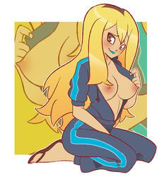 areolae black_hair blonde_hair blue_lipstick breasts breasts_out brown_eyes delinquent_(pokemon) female flip_flops kneeling lipstick long_hair looking_away nintendo no_bra npc_trainer open_clothes open_jacket pokemon pokemon_oras sandals sexfire smile solo track_suit two_tone_hair white_background zoom_layer