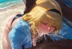 ai_generated beach big_breasts big_penis blonde_hair blowjob dark-skinned_male fate/apocrypha fate/grand_order fate_(series) jeanne_d'arc_(fate) mikayori veiny_penis