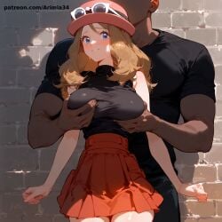 ai_generated arimia34 dark-skinned_male groping_breasts pokemon pokemon_trainer pokemon_xy serena_(pokemon)