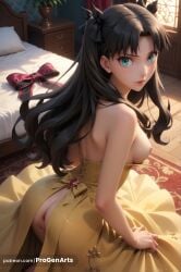 1girls ai_generated anus ass bare_shoulders bed bedroom black_bow black_hair blue_eyes blush bow breasts dress fate/stay_night fate_(series) from_behind green_eyes hairbow hi_res indoors lips long_hair looking_at_viewer looking_back medium_breasts nipples no_bra no_panties on_bed parted_bangs patreon_username pillow progenarts pussy ribbon solo tohsaka_rin two_side_up window yellow_dress