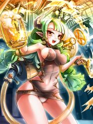 alcohol bare_shoulders beer beer_mug braid breasts brown_eyes demon_girl dress earring female green_hair hmongt horns impossible_clothes impossible_dress large_breasts long_hair mouth nipples no_bra original panties pantyshot pantyshot_(standing) pointy_ears see-through smile solo standing twin_braids underwear white_panties