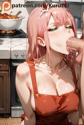 1boy 1girls :>= ai_generated apron bowl breasts cleavage collarbone cooking covered_nipples cutting_board darling_in_the_franxx fellatio female food green_eyes hairband horns kitchen kurutai long_hair naked_apron oral penis pink_hair pot pubic_hair refrigerator solo_focus stove straight uncensored white_hairband zero_two_(darling_in_the_franxx)