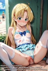 1boy abuse ahoge ai_generated anal anal_sex anus asia_argento blonde_hair blood covered_nipples female green_eyes hell-pantsu high_school_dxd sex shy small_breasts striped_bra striped_panties vaginal_sex white_stockings