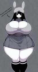 :< ai_generated black_hair chubby_female crafting_table_exe_2 dasha_(crafting_table_exe_2) dashenka gamejolt gray_background huge_breasts question sexy skirt socks thick_thighs