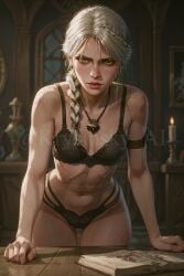 ai_generated bra braid breasts cd_projekt_red ciri collar female green_eyes krysinsky_ai light-skinned_female lingerie looking_at_viewer mascara panties scar solo the_witcher_(series) the_witcher_4 watermark wet_body white_hair