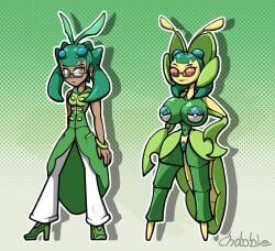 1girls antennae before_and_after bug bug_girl bug_type chabble dark_skin glasses green_hair hair_ornament leavanny pokemon pokemon_(species) pokemon_oc pokemorph transformation