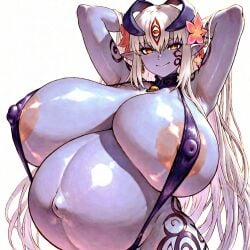 1girls ai_generated alipheese_fateburn_xvi areola_slip areolae bellegar big_belly bikini blue_skin breasts gigantic_breasts huge_breasts long_hair looking_at_viewer monster_girl monster_girl_quest nipples pregnant shiny_skin sling_bikini smile solo stable_diffusion white_hair