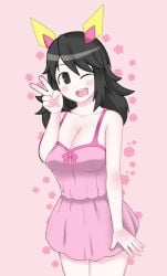 1girls black_hair blush breasts collarbone color cute digital_media_(artwork) flower galaxy_gals hair_ornament hands_on_breasts large_breasts light_skin long_hair looking_at_viewer merceong night_gown nipples nyanko_daisensou peace_sign pink_background pink_nipples shoulders smile teenager the_battle_cats thick_thighs thighs thundia wink