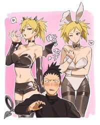 1boy 1girls alternate_costume animal_ears arm_up bare_arms bare_shoulders black_bow black_bowtie black_choker black_gloves black_hair black_pantyhose black_shirt black_shorts black_thighhighs blonde_hair blush bow bowtie bra breasts canon_couple choker cleavage collarbone couple demon_girl demon_horns demon_tail demon_wings detached_collar elbow_gloves fake_animal_ears female gloves green_eyes hair_between_eyes hair_up hand_up heart high_ponytail highres horns korean_commentary korean_text large_breasts leotard long_sleeves looking_at_viewer looking_to_the_side mini_wings nara_shikamaru naruto naruto:_the_last naruto_(series) naruto_shippuden navel nervous nervous_sweating nose_blush one_eye_closed open_mouth pantyhose playboy_bunny ponytail puckered_lips shade shirt short_shorts short_twintails shorts sideboob small_horns spiked_hair spoken_heart standing stomach straight sweat tail teeth temari thighhighs thighs twintails underwear unico_cats2 upper_teeth_only wings wrist_cuffs