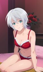 1girls blue_eyes christmas cleavage kikuchi_fuuka looking_at_viewer medium_breasts red_bra red_panties short_hair silver_hair sitting