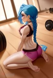 1girls 2d ai_generated areolae ass big_ass bike_shorts blue_hair braid breasts erophoenix female female_focus full_body gym jinx_(league_of_legends) league_of_legends long_hair looking_at_viewer looking_back nipples nude pale_skinned_female patreon_username shoes small_breasts socks solo solo_female sweat thick thick_thighs twin_braids uncensored