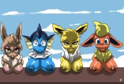 2015 anthro big_breasts blue_eyes breasts canid canine eevee eeveelution female flareon frill_(anatomy) fur furniture generation_1_pokemon group hair hi_res jolteon looking_at_viewer mammal membrane_(anatomy) membranous_frill neck_frill neck_tuft nintendo nipples pokemon pokemon_(species) smile table tuft vaporeon virate-chip