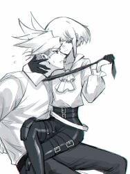 2boys androgynous femboy femboydom fully_clothed galo_thymos gay lio_fotia male monochrome on_lap promare questionable size_difference suggestive_gesture twink yaoi