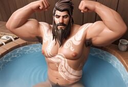 ai_generated armpit_hair bara barbarian bathing beard big_male big_muscles big_nipples brown_hair d'ugh d'ugh_(fortnite) d’ugh_fortnite dugh dutch_angle facial_hair flexing_arms flexing_bicep flexing_muscles fortnite fortnite:_battle_royale from_behind full_beard gay hot_tub juicy_bara low-angle_view male male_nipples manly muscular_arms muscular_back muscular_male muscular_thighs naked naked_male nipples pubic_hair questionable tattoos tribal_tattoo water