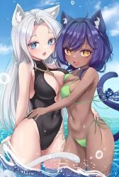 big_breasts blue_eyes cat_ears cat_tail catgirl cleavage dark_skin didbox light-skinned_female light_skin noose ocean small_breasts solek_x solga swimsuit water yellow_eyes youtube