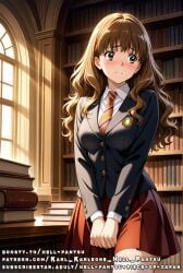 ai_generated brown_eyes brown_hair hermione_granger jacket medium_breasts shy skirt tie uniform wavy_hair