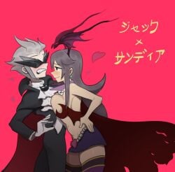 1boy 1girls aroused bat_wings belly_button blush breast_press_on_chest cape color digital_media_(artwork) doctor_kimochi dr.kimochi galaxy_gals grey_hair halloween hand_on_hip heart japanese_text light_skin long_hair looking_at_partner nyanko_daisensou pressing_breasts seductive short_hair side_view sideboob smile sunglasses teenager text the_battle_cats thick_thighs thighhighs thighs thunder_jack thundia torn_clothes vampire