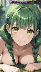 1girls ai_generated anime anime_style asian bangs black_bow blue_bow blunt_bangs blush bow braid breast_press breasts bush bust busty cleavage closed_mouth collarbone completely_nude day female female_focus female_only forest grass green_eyes green_hair hair_ornament hair_over_shoulder hairbow hentai large_breasts lips long_hair looking_at_viewer lying medium_breasts natsuyoru nature nude nude_female on_grass on_ground on_stomach outdoors rishia_ivyred smile solo solo_female tate_no_yuusha_no_nariagari the_rising_of_the_shield_hero tree twin_braids upper_body voluptuous voluptuous_female