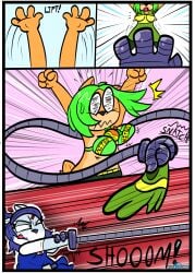 activision ami_bandicoot anthro bandicoot blue_eyes blue_hair bra breasts clothed clothed_anthro clothed_female clothing comic crash_(series) duo english_text extended_hand female food freckles fruit fully_clothed fully_clothed_anthro fully_clothed_female green_hair hair hi_res kaokaoarts mammal marsupial mechanical_arm mechanical_hand mechanical_hands nina_cortex oddkao plant shirt_removed text underwear undressing wumpa_fruit