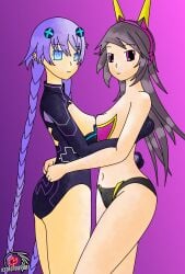 2girls artist_logo bikini bikini_armor blue_eyes blue_hair braid breast_press breasts color crossover digital_media_(artwork) female galaxy_gals grey_hair headphones holding_partner large_breasts light_skin long_hair looking_at_viewer neptunia_(series) nyanko_daisensou pink_eyes pressing_breasts_together purple_background purple_heart_(neptunia) teenager the_battle_cats thick_thighs thighs thundia xstronomy007 yuri