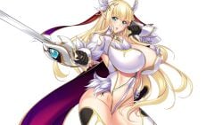 aoi_nagisa_(metalder) armor blonde_hair blush breasts curvy elf female game_cg green_eyes hadashi_shoujo huge_breasts long_hair pointy_ears princess_heart_link_~kenki-tachi_no_enbu~ rose_sinclair smile sword thick_thighs thighs very_long_hair weapon wide_hips