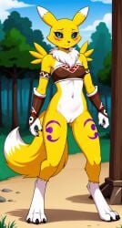 1girls 2024 ai_generated anthro black_sclera blue_eyes blushing bottomless bottomless_female curvy_female curvy_figure digimon digimon_(species) digitigrade female female_only hi_res innie_pussy looking_at_viewer outdoors pussy renamon smile tribal white_fur yellow_fur