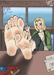 barefoot big_breasts blonde_hair brown_eyes dirty_feet embarrassed female foot_fetish mature_female milf naruto smelly_feet smile solo solo_female tsunade vamp666s