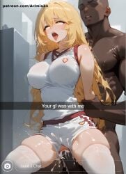 ai_generated arimia34 blonde_hair dark-skinned_male ntr shokuhou_misaki snapchat text thighhighs to_aru_kagaku_no_mental_out to_aru_kagaku_no_railgun to_aru_majutsu_no_index