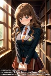 ai_generated brown_eyes brown_hair hermione_granger jacket medium_breasts shy skirt tie uniform wavy_hair