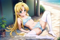 ahoge ai_generated asia_argento blonde_hair covered_nipples female green_eyes hell-pantsu high_school_dxd shy small_breasts striped_bra striped_panties white_stockings