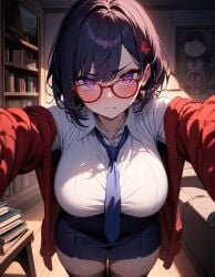 1girl adorable affectionate ai_generated angry aroused big_breasts blue_hair blue_skirt blush breasts cute desperation dim_lighting glasses grumpy horny hug indoors looking_at_viewer mature_female mila_(miside) miside mita_(miside) nerdy_female pov purple_eyes purple_hair red_cardigan red_glasses school_uniform schoolgirl slim_waist starlightnex sweater tie tight_clothing tsundere white_shirt wide_hips