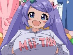 1girls alternate_breast_size aokushan blush_stickers bow breasts clothes_writing cute_fang fang hair_bow hairbow huge_breasts long_hair looking_at_viewer mii_(popotan) open_mouth pink_bow popotan purple_eyes purple_hair shirt smile solo twintails white_shirt