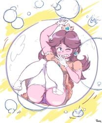 brown_hair bubble dress embarrassed female light_skin mario_(series) nintendo panties pink_panties princess_daisy upskirt zendraxart