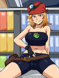 bandana bare_shoulders breasts brown_eyes cameltoe cleavage danball_senki erect_nipples female female gloves grin kitajima_saki large_breasts legs long_hair looking_at_viewer midriff navel sitting smile solo spread_legs tubetop