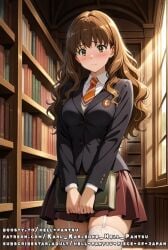 ai_generated brown_eyes brown_hair hermione_granger jacket medium_breasts shy skirt tie uniform wavy_hair