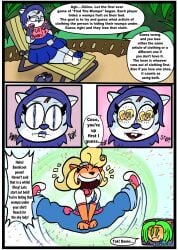 activision ami_bandicoot anthro bandicoot blonde_hair blue_clothing blue_dress blue_eyes book buckteeth chair clothed clothed_anthro clothed_female clothing coco_bandicoot comic crash_(series) dialogue dress english_text female footwear freckles fully_clothed fully_clothed_anthro fully_clothed_female fur furniture green_eyes green_hair group hair hi_res kaokaoarts lounge_chair lounging mammal marsupial nina_cortex oddkao orange_body orange_fur overalls shirt shoes socks speech_bubble teeth text tongue tongue_out topwear trio white_clothing white_shirt white_topwear